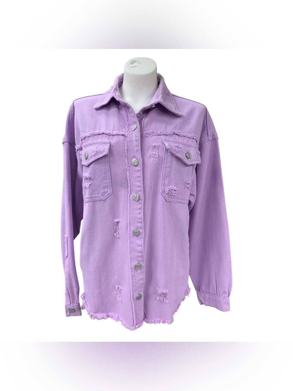 Lavender Distressed Button-Front Shirt Jacket - Size Xl